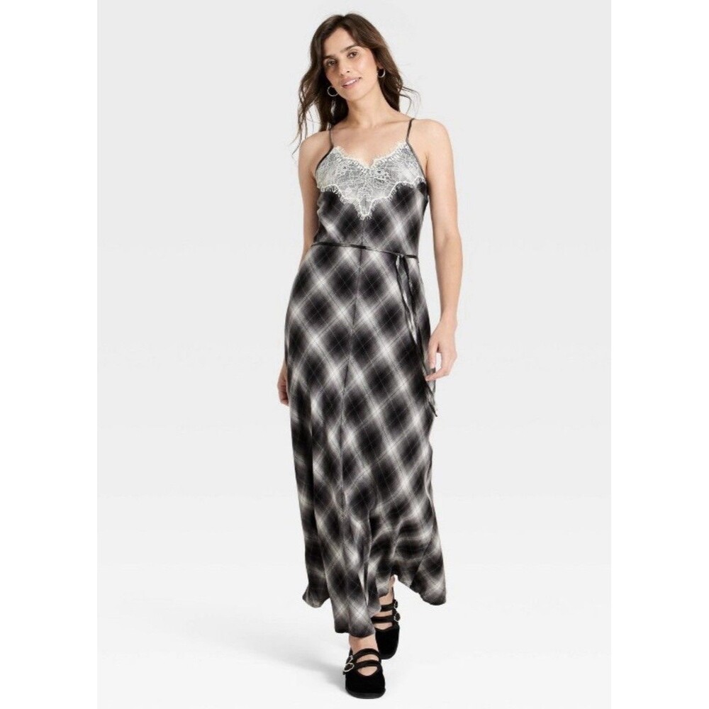 Universal Thread Women's Lace Cotton Maxi Sundress Black Plaid L